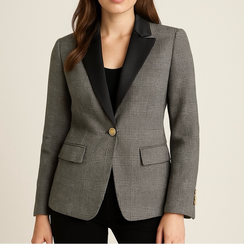 J.Crew Regent Blazer in Wool Glen Plaid with Contrast Satin Lapel